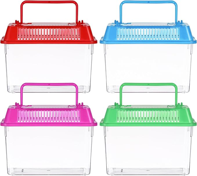 4Pcs Portable Fish Tank with Handle, 5.9-Inch Small Plastic Reptile Carrier for Travel, Transparent Critter Keeper for Betta Fish, Turtles & Hamsters, Mini Pet Habitat Breeding Box