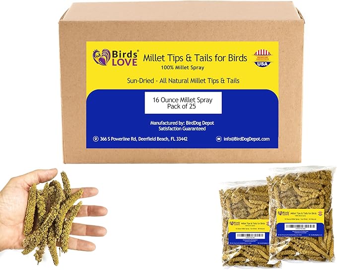 Birds LOVE Millet Tips & Tails for Birds - Parakeets, Cockatiels, Lovebirds, Budgies, Canaries, Cockatoos - Natural & Healthy Millet for Bird, Parakeet Food & Treats for All Parrots, 1lb (Pack of 25)