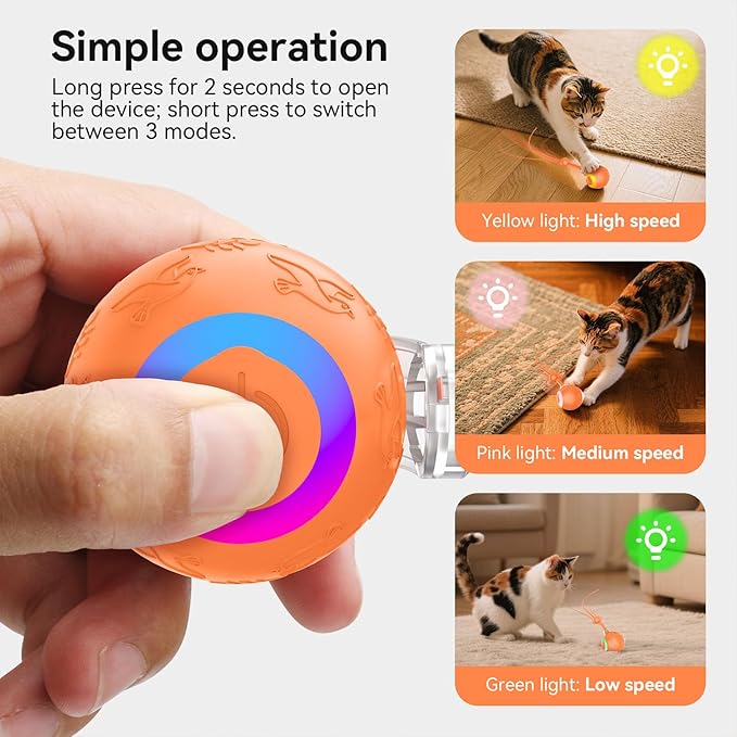 Interactive Cat Toys Ball for Indoor Cats Fast Rolling on Carpet, Chirping & Motion Activate Cat Toys, 3 Modes, Fast/Normal/Slow, ON/Off Sound