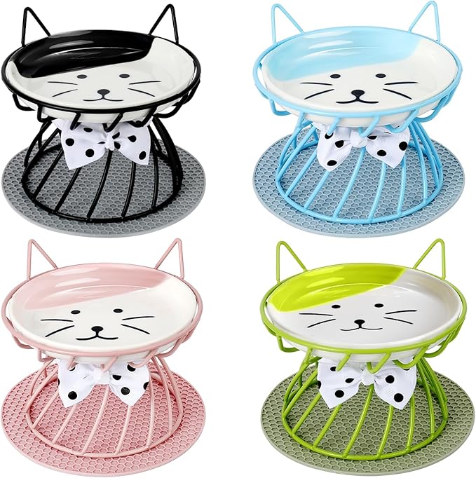 4 Pcs Elevated Pet Food Bowls, Ceramic Cat Plate with Stand Raised Cat Bowl for Indoor Pet, Food and Water Dishes Puppies, with Non-Slip Mat, Whisker Friendly, Dishwasher Safe
