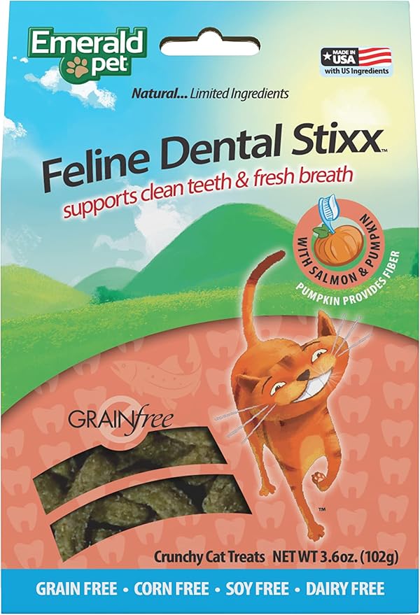 Emerald Pet Feline Dental Stixx — Tasty and Crunchy Cat Sticks with Pumpkin for Digestive Health — Natural Grain Free Dental Treats for Clean Teeth and Fresh Breath — Salmon, 3.6 oz