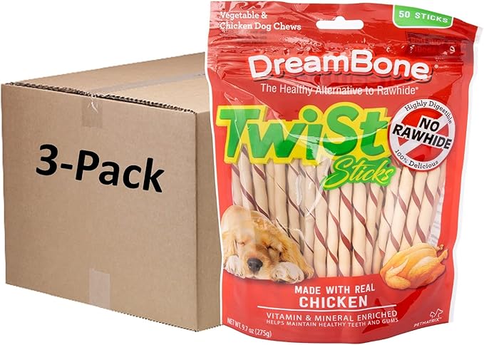 DreamBone Twist Sticks, Made with Real Chicken, Rawhide-Free Chews for Dogs, 50 Count (3 Pack)