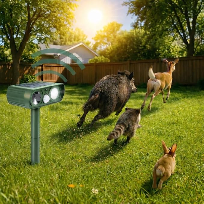 Solar Powered Ultrasonic Animal Repellent, Waterproof Motion Detection System, Yard Farm Garden Outdoor Deterrent Squirrel Rabbit Bird Dog Cat with LED Flashing Lights