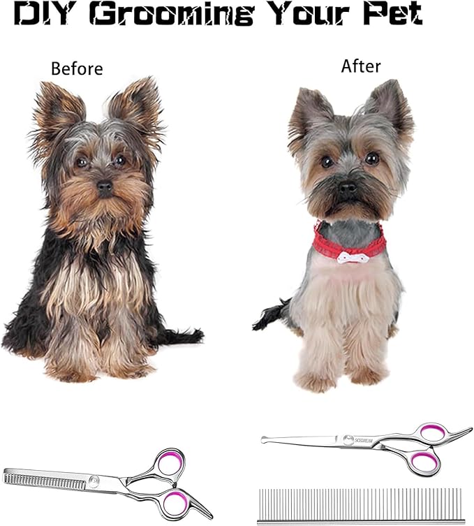 3 in 1 Dog Grooming Scissors for Dogs with Safety Round Tips, Curved Dog Grooming Scissors,Professional Pet Shears Set for Dogs and Cats, Pink