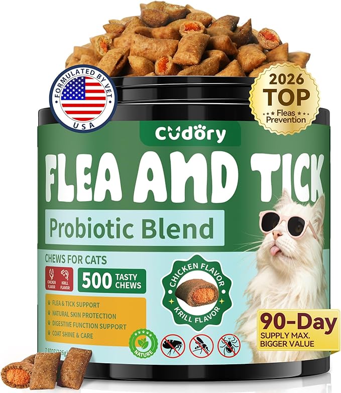 Flea and Tick Prevention for Cats, 500 Cat Flea Treatment with Probiotics Chewables, Crunchy & Creamy Treats Natural Oral Flea Supplement with Skin & Coat, Digestive Support - Chicken, Krill Flavor