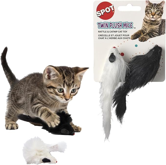 SPOT Twin Plush Mice Cat Toy- Rattle and Catnip Toy for Indoor Cats and Kittens - Classic Toy for Batting and Chasing Around - Fun Entertainment for Hours - 4.5in, 2pcs