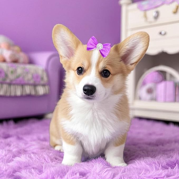 20 PCS Cute Dog Hair Bows with Rubber Bands Elastic Handmade Mix Style Lace Rhinestone Pearls for Furry Puppy Cat Pet Girl, Dark Purple