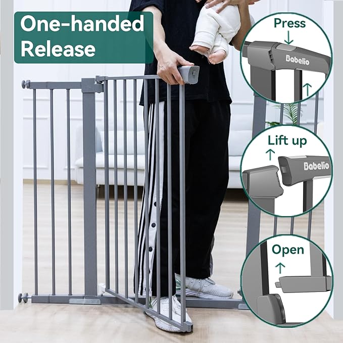 Babelio Metal Auto Close Baby Gate,Extra Wide Pet Gate for The House and Doorways, Pressure Mounted Walk Thru Child Gate with Door (Gray, 36" Tall 29"-48" Wide)