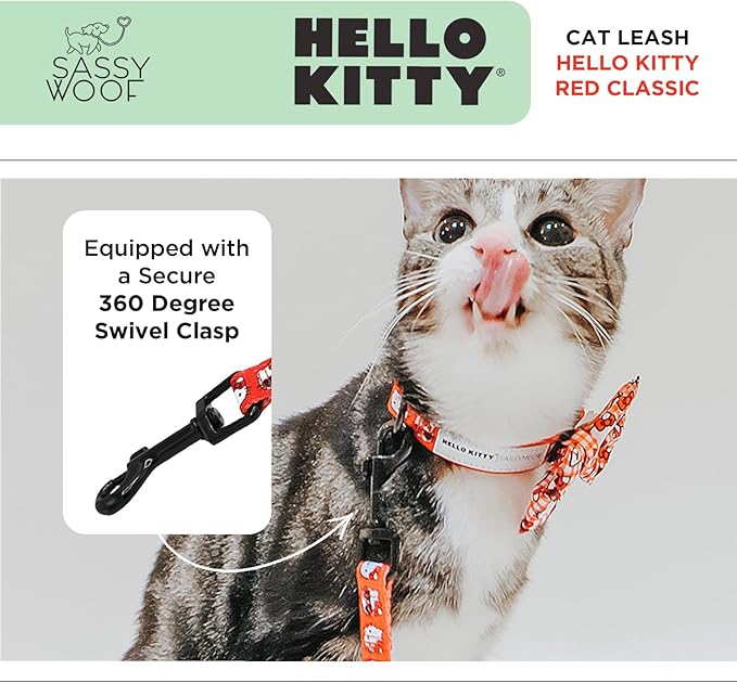 Sassy Woof Hello Kitty® Red Classic Cat Leash 60-Inch with Patented Design and Neoprene Padded Handle – Comfortable, Durable, and Stylish for Cats