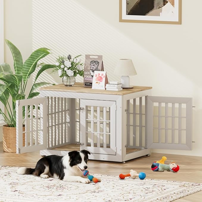 38" Heavy Duty Dog Crate Furniture for Small,Medium and Large Dogs,Rustic Wooden Dog Cage Kennel Indoor Furniture with Waterproof Top,Decorative Pet House Side End Table (White & Wood)