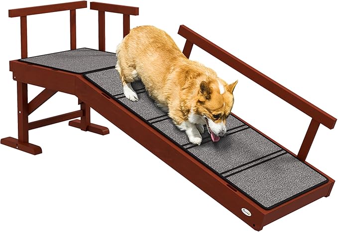 PawHut Dog Ramp, Dog Stairs for Small, Medium & Large Dogs, Pet Ramp for Bed or Couch with Removable Guardrails, Non-Slip Surface, 49" Long, Brown