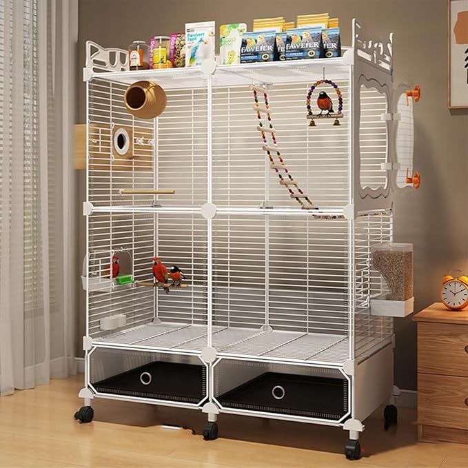 Large Parrot Cage with Acrylic Doors, 4 Casters, Perch & Feeder, Detachable Drawer, Ideal for Cockatiels, Budgies, Conures, Indoor/Outdoor Use – Spacious White Birdcage (White, 72 * 36 * 106cm)