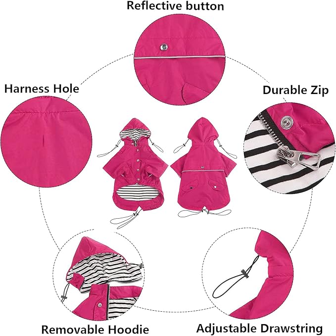 Morezi Dog Zip Up Raincoat with Reflective Buttons, Rain/Water Resistant, Adjustable Drawstring, Removable Hood, Raincoats with Legs 8lbs to 80lbs Available - Pink - XL