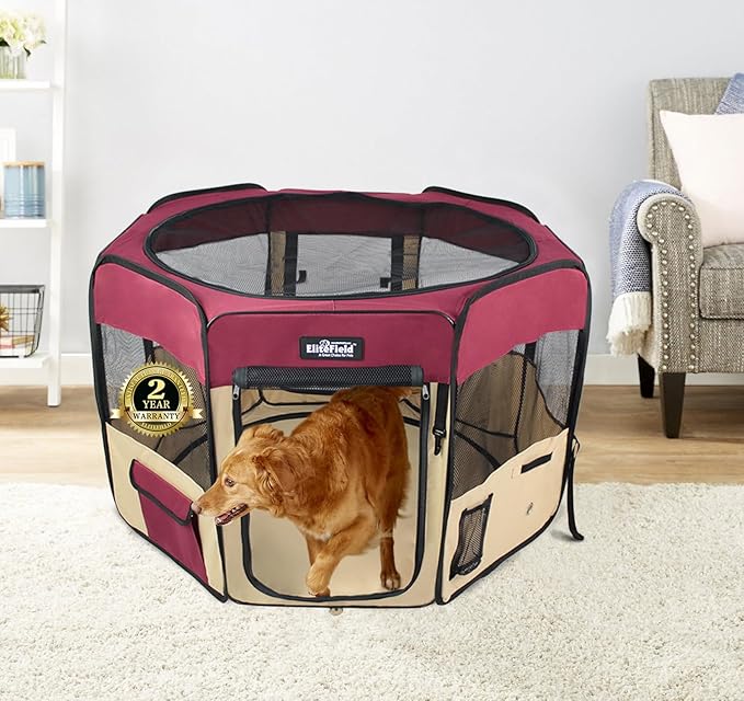 EliteField 2-Door Soft Pet Playpen (2 Year Warranty), Exercise Pen, Multiple Sizes and Colors Available for Dogs, Cats and Other Pets (62" x 62" x 24"H, Maroon+Beige)