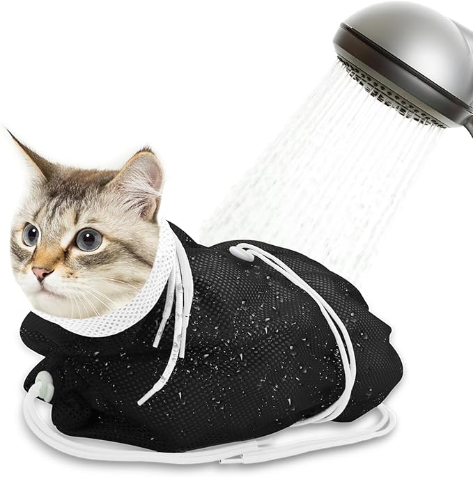 Cat Bathing Bag, Breathable Mesh Cat Shower Bag Anti Scratch Adjustable Grooming Bag for Nail Trimming Polyester Soft Washing Bag