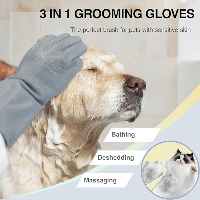 Dog Washing Gloves for Shedding & Bathing - 5-Finger Deshedding & Massage Gloves for Dogs & Cats, Reusable Heat-Resistant Silicone Brush Gloves, Gentle Hair Removal & Bathing Aid (Pair) (Grey)