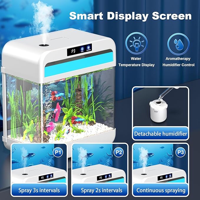 Fish Tank 2.2 Gallon Fish Bowl with Humidifier 7 Color Auto-Looping Light Aquarium Tank with 3 in 1 Silent Pump with Filteration & Oxygenation & Circulation(White-2.2 Gallon)