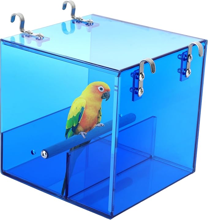 Automatic Bird Feeder Residue-Free Bird Cage Pet Feeder Seed & Pellet Container Suitable for Long-Tailed Parrots, Budgerigars, Parrots, Canaries Acrylic Material (Blue 6.3 x 6.3 x 6.3 inches)