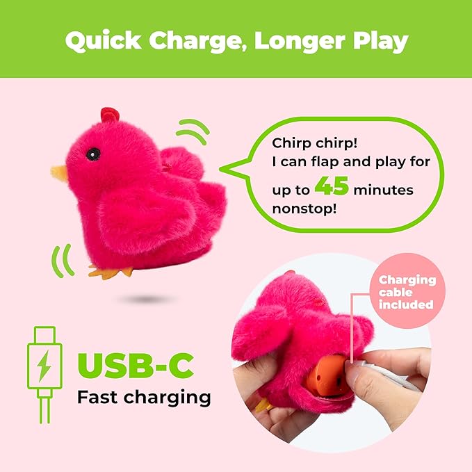 Catify Best Pet Supplies Flapping Duckling, Chick & Bird Cat Toy - Motion-Activated Wings Realistic Chirps, Catnip-Infused Plush, USB Rechargeable Indoor Cats & Kittens, Self-Play Enrichment - Fuchsia