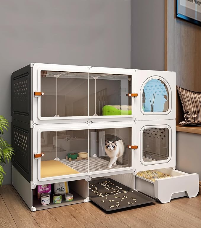 Cat Cage Cat Enclosure with Litter Box & Clear Sliding Door, Expandable Cat Playpen, Detachable Metal, Cat Cage Indoor and Outdoor, Ferret Cage, Rabbit Cage (Two Layers with Storage Space)