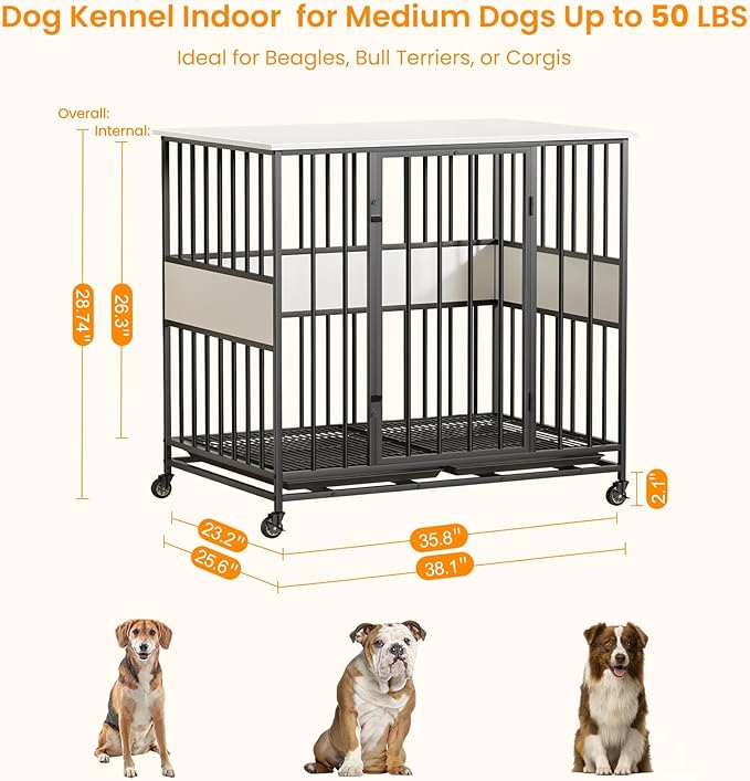 Dog Crate Furniture for Medium Dogs, 38 Inch Medium Kennel, Wooden Pet Cage Decorative Corner End Table with Caster Wheels & Double Removable Tray, White