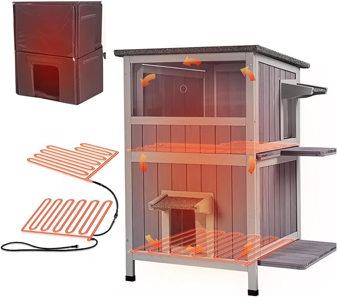 Heated Cat House Outdoor Cat House Insulated Freal Cat Shelter with Heated Pad- Large Outside Insulated Cat Condo for Winter