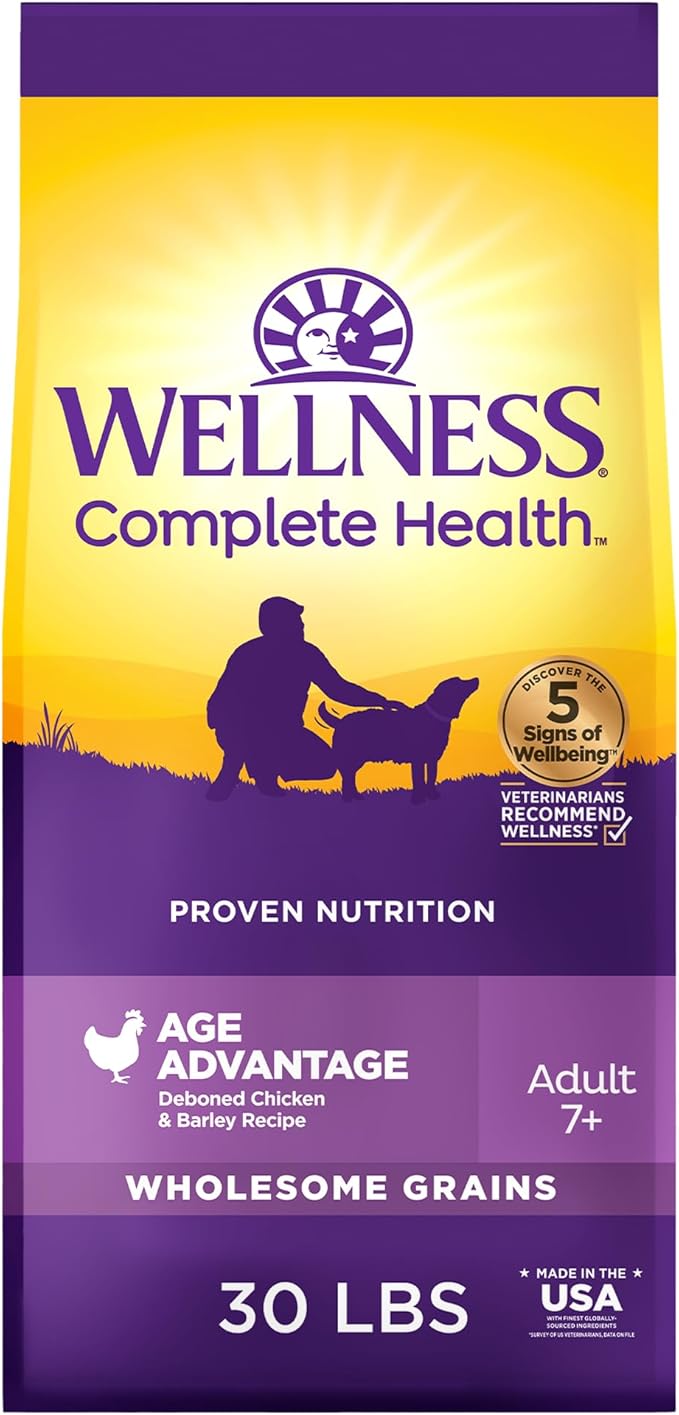 Wellness Complete Health Age Advantage Senior Dry Dog Food, Wholesome Grain Kibble, Natural, Chicken and Barley Recipe, 30 lb Bag