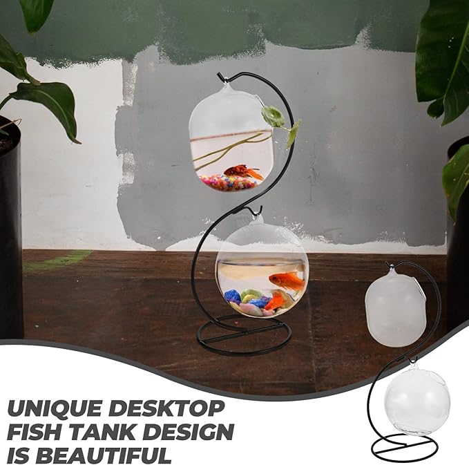 Cabilock Glass Vases 1 Set Desk Glass Hanging Fish Bowl Tank Mini Table Aquarium Betta Fish Bowl Clear Homes with Iron Stand Water Planting Vase for Office Home Decor B Cylinder Vases