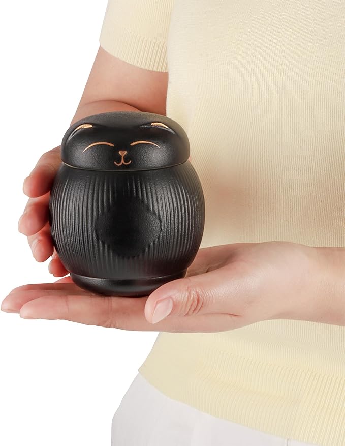 Ceramic Cat Urn for Ashes - Pet Memorial Box with Secure Lid, Funerary Urns Cremation Keepsake for Cats (15 lbs)（Black）