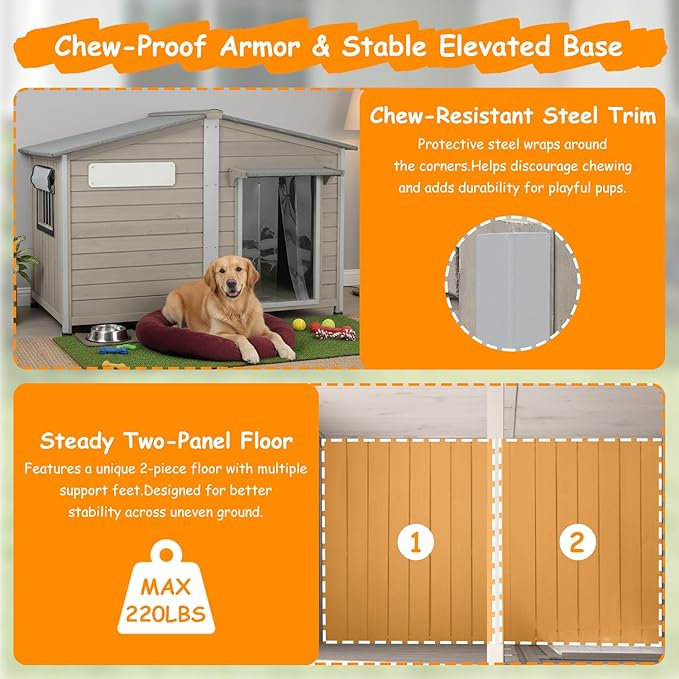 55"L Dog House Outdoor for Large Breed, XL Extra Dog House with Window Weatherproof Pet Shelter with Openable Asphalt Roof, Anti-Chewing Frame, Removable Floor,10 Support Feet for Medium to Large Dogs