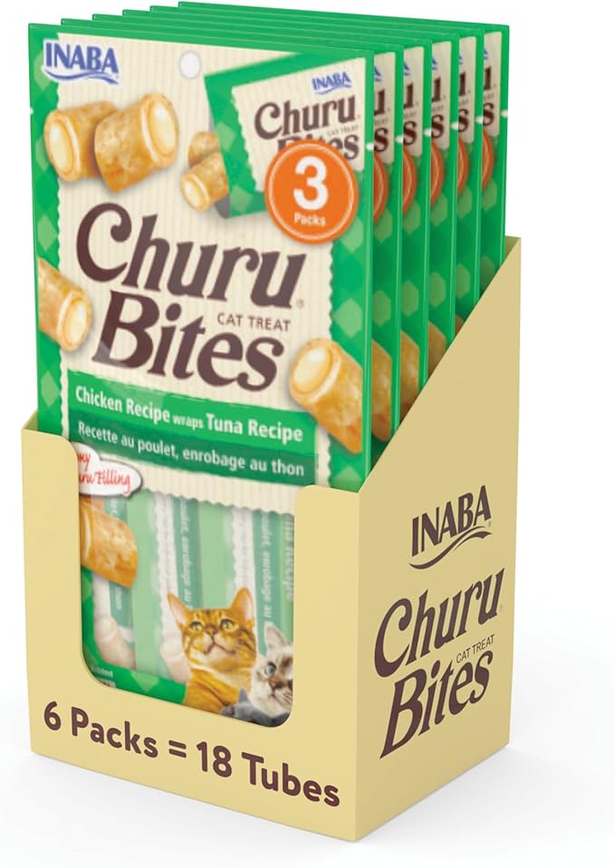 INABA Churu Bites for Cats, Soft/Chewy Baked Chicken Wrapped Churu Filled Cat Treats with Vitamin E, 0.35 Ounces per Tube, 18 Tubes Total (3 Tubes per Pack), Tuna Recipe
