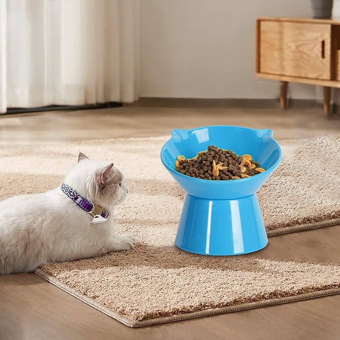 Detachable Elevated Cat Bowls, 15° Tilted Raised Cat Food Bowl Anti-Vomiting,Whisker Friendly, Adjustable Large Cat Dishes Extra Wide for Protecting Spine, Adult Kitten (Blue)