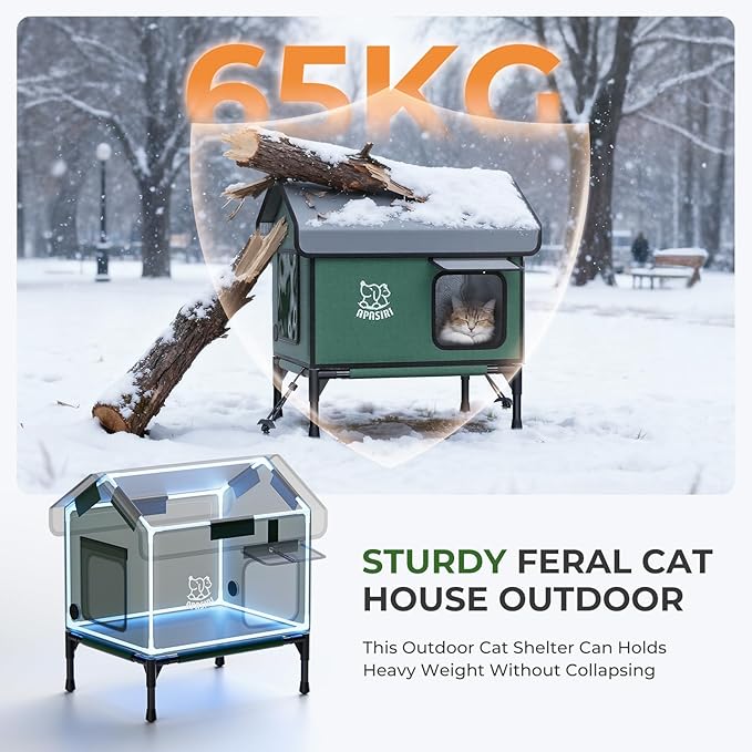 Apasiri Heated Outdoor Cat House Weatherproof - Insulated Cat Shelter with Thermostatic Heating Pad, Water Resistant 900D Oxford Feral Cat House with Anti-Peep Curtains Escape Door for Winter, Small