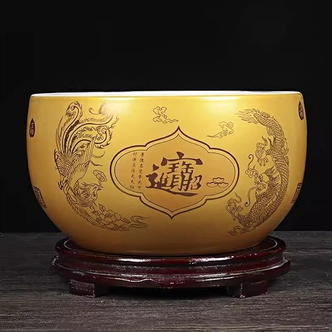 Fish Tank Treasure Bowl Ceramic Fortune Fish Tank Desktop Ceramic Small Treasure Bowl Turtle Feeding Bowl Aquarium(Gold,26x14cm)
