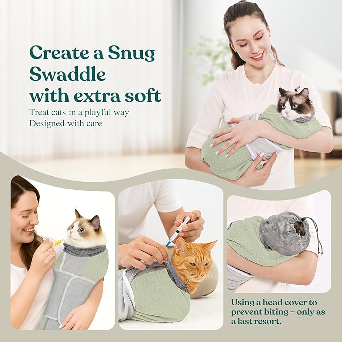 Supet Cat Grooming Wrap for Cutting Nails, Self-Adhesive Anti-Scratch Swaddle with Bite-Proof Mesh Hood & Thick Waist Strap Anti-Escape Bag for Nail Trimming, Medication, Ear Cleaning (Green S)