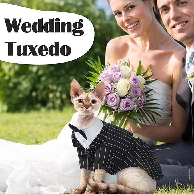 QBLEEV Cat Tuxedo Suit, Sphynx Cat Suit for Cat with Bow Tie, Cat Halloween Costumes for Cats Only, Kitten Formal Attire Wedding Birthday Onesie Clothes for Male Female Hairless Cats
