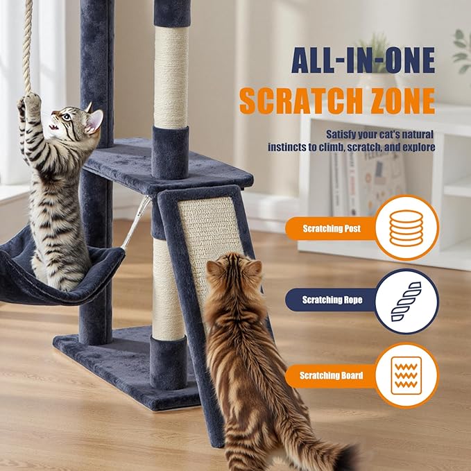 Sweetcrispy 63 inch Cat Tree Tower, Large Multi Level Cat Climbing Tower with Condo, Natural Sisal Scratching Posts, Extended Platform, Hammock, Pet House for Indoor Cats and Kittens Play, Dark Grey
