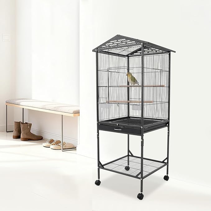 Large Heavy Duty Wrought Iron Bird Cage with Open Play Top Area & Rolling Stand, Spacious Flight Cage for Parrots, Parakeets, Cockatiels & Lovebirds (Black)