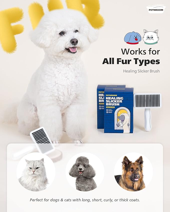 PETHROOM Pet Healing Slicker Brush with One-Touch Clean Button | Gentle Grooming Brush for Dogs & Cats | Removes Shedding, Mats & Tangles with Coated Tips, White & Yellow