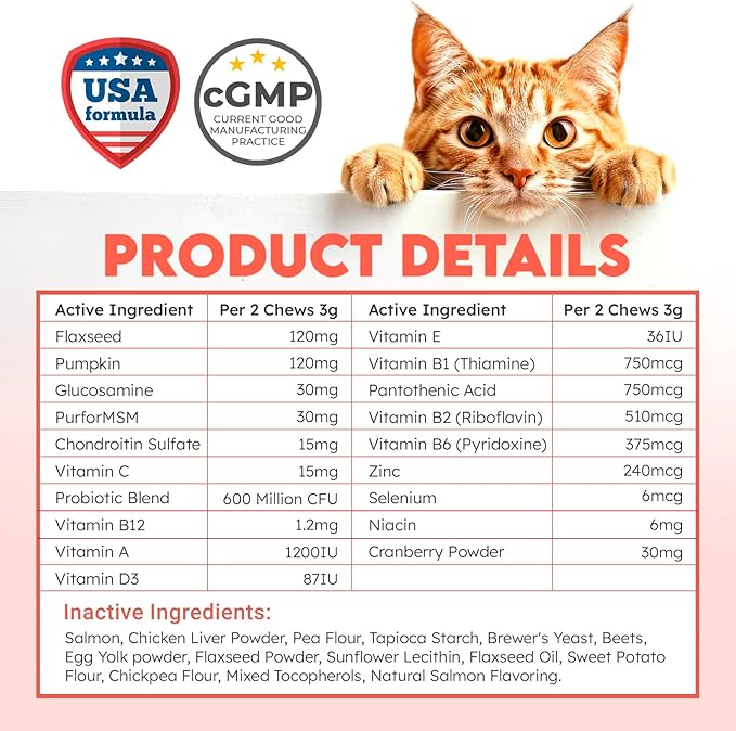 Cat Vitamins for Indoor & Outdoor Pets - 200 Chews - Healthy Cat Treats - Immune, Joint Support, Skin & Digestion - Multivitamin with Omega 3s, Glucosamine & Probiotics