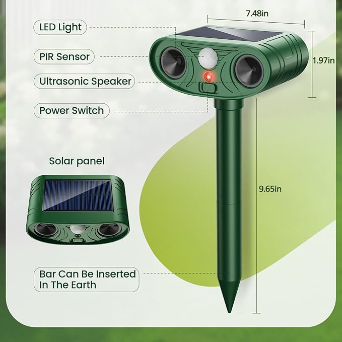 2026 Upgraded Solar Ultrasonic Animal Repellent Outdoor Deer Cat Repellent with Motion Sensor Flash Light,IP65 Waterproof Repeller Keep Rodent Squirrel (2)