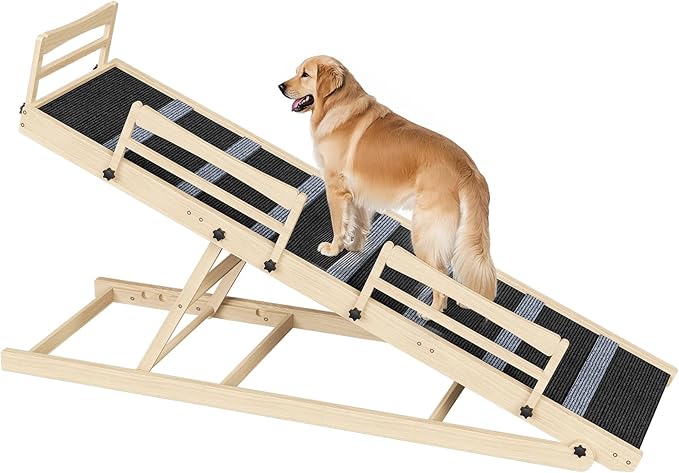HOOBRO Dog Ramp for Bed, 63" Long Folding Pet Ramp with Non-Slip Mat and Safety Side Rails, 5 Height Adjustable up to 29.5", Wooden Dog Ramp for Couch, for Small/Large Dogs, Natural and Black NB46PT03