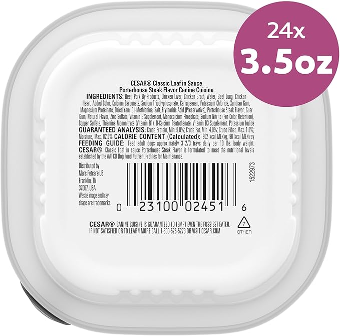 Cesar Classic Loaf in Sauce Adult Wet Dog Food Porterhouse Steak Flavor 3.5 oz. Easy Peel Trays, 24 Count (Pack of 1)