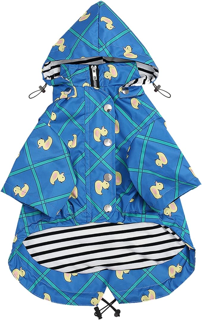 Morezi Dog Zip Up Raincoat with Reflective Buttons, Rain/Water Resistant, Adjustable Drawstring, Removable Hood, Raincoats with Legs 8lbs to 80lbs Available - Grid Blue - XXL