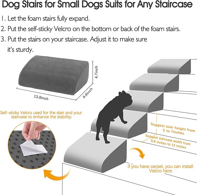 5-Piece Foam Dog Ramp for Indoor Stairs, 40D Dense Non-Slip Pet Ladder with Sticky Pads, Easy Access Solution for Steep Staircase, Small Dogs Cats, Grey