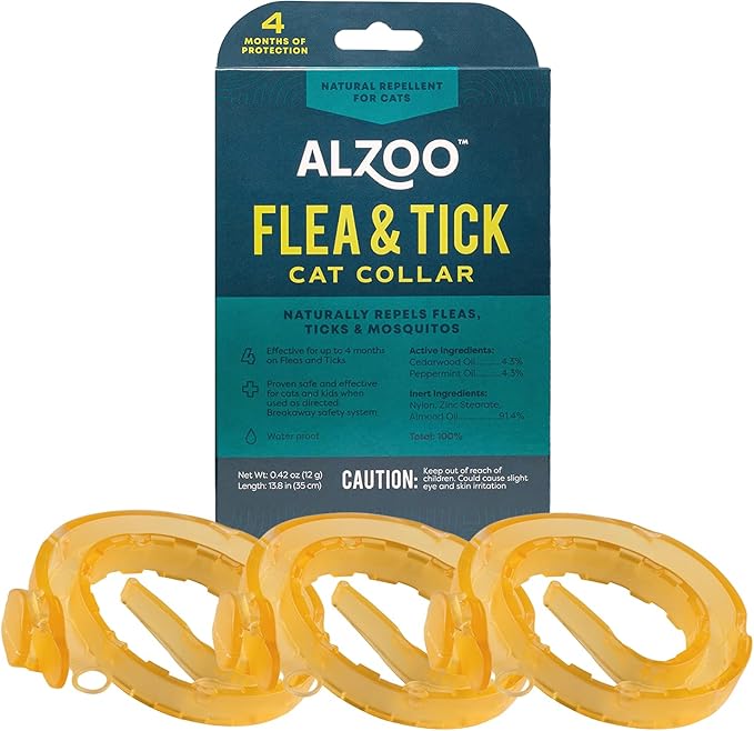 ALZOO Natural Flea & Tick Cat Collar, Helps Repel Fleas, Ticks & Mosquitoes, Plant-Based Active Ingredients, Phthalates and PVC Free, Up to 8 Months Protection, Pack of 3