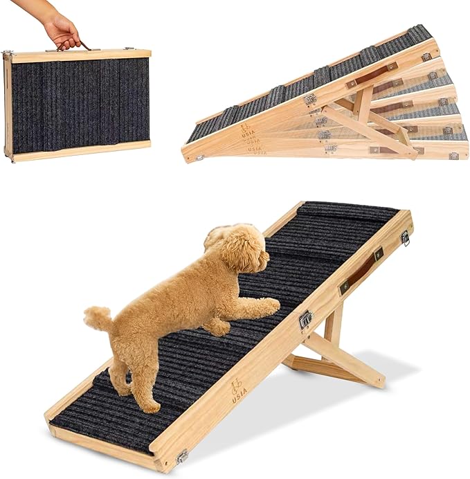 Upgraded 2026 Adjustable Dog Ramp 34.65" Foldable Pet Ramp with 5 Heights 13.6–21.5", Non-Slip Carpet & Leather Handle – Ramp for Bed, Couch & Sofa