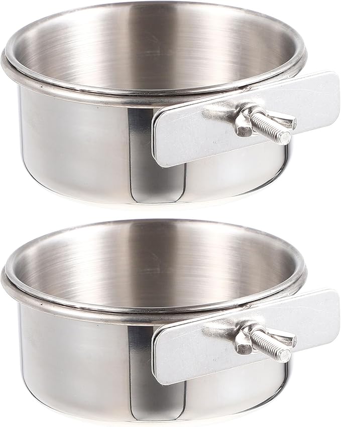 Yardwe Stainless Steel Bird Food Cup 2-Pack Small Cage Feeders with Clamp for Parrots Budgies Cockatiels Durable Bird Food Bowls for Easy Feeding