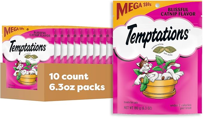 Temptations Cat Treats, Classic Crunchy and Soft Cat Treats, Blissful Catnip Flavor, Catnip Treats, 6.3 oz. Pouch (Pack of 10)