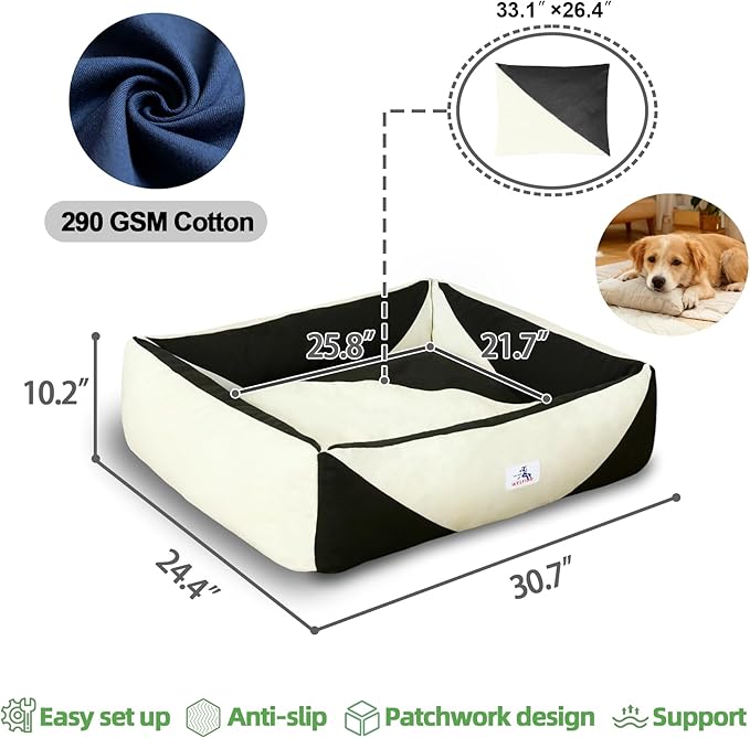 Washable Rectangle Dog Bed with Removable Cover, Color-Block Gingham Cotton Pet Sofa, Breathable Scratch Resistant Dog Bed, Medium